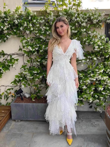 2025 White Feathers Hollow V-Necked Dress 9009